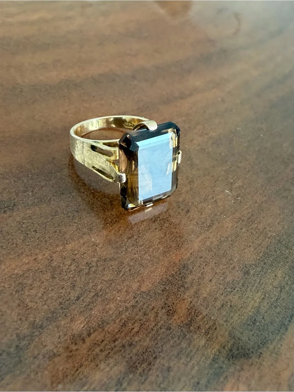 Vintage 9k Brushed Gold with Emerald-Cut Smoky Quartz Cocktail Ring
